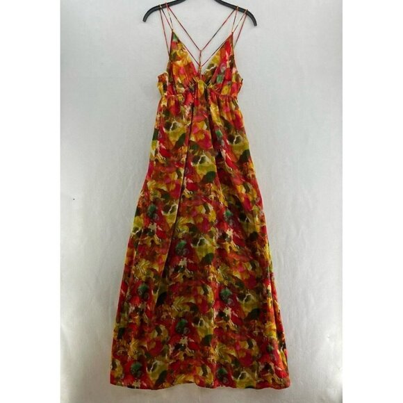 BB Dakota Maxi Dress Sz S Orange Floral Deep V-Neck Thin Strap A-Line High Waist - Picture 2 of 14